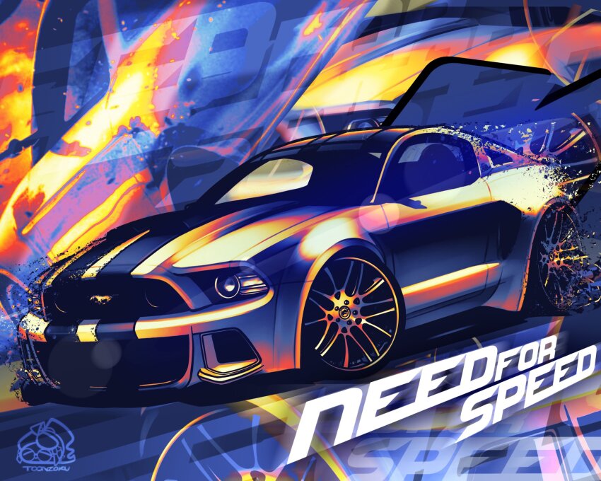 artist_name car chibi commentary copyright_name english_commentary ford ford_mustang ford_mustang_s197 highres motor_vehicle muscle_car need_for_speed need_for_speed_(2014_film) no_humans shadow toonzoku vehicle_focus