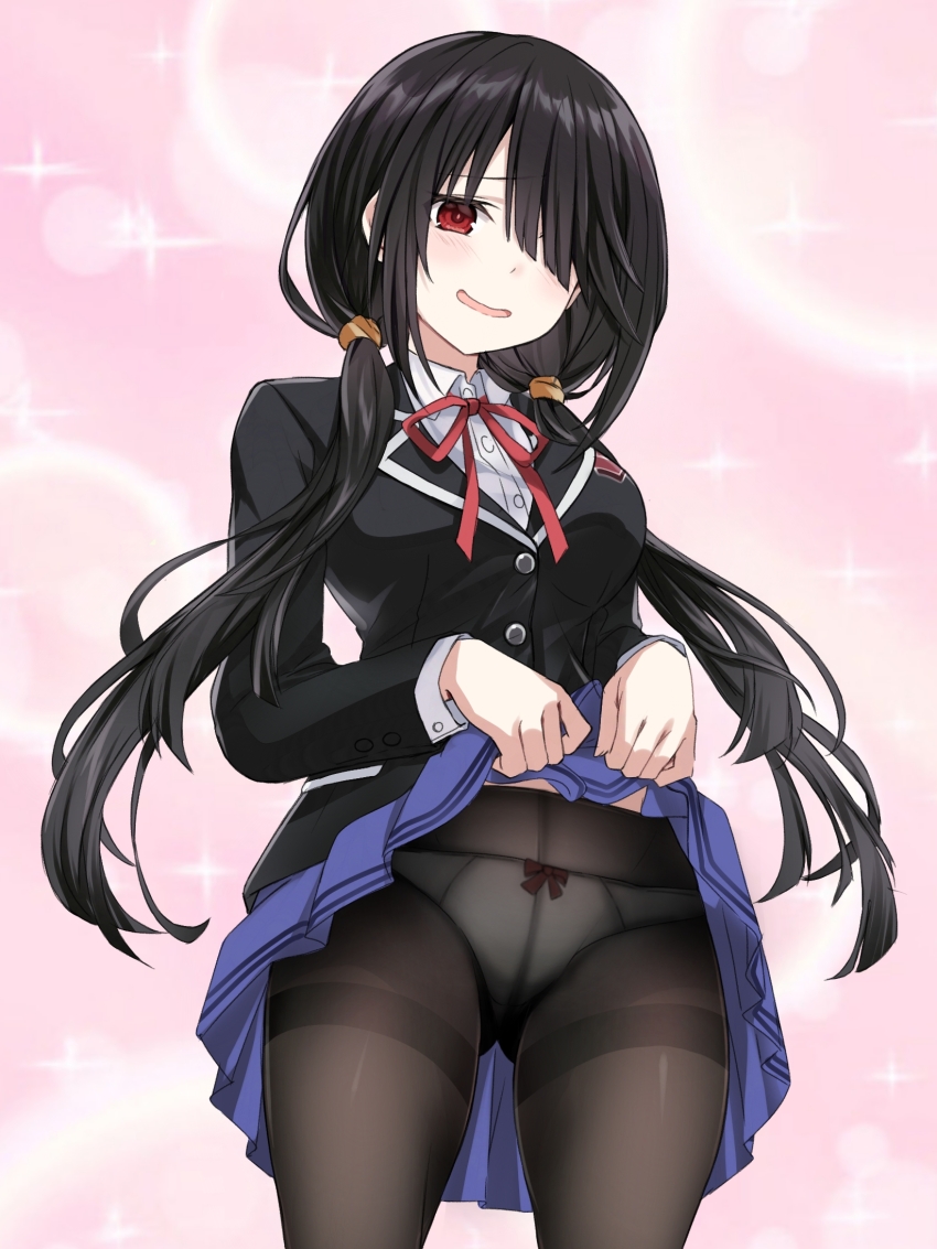 1girl black_hair black_jacket black_panties black_pantyhose blue_skirt breasts clothes_lift commentary cowboy_shot date_a_live hair_over_one_eye highres jacket lifting_own_clothes long_hair looking_at_viewer low_twintails medium_breasts neck_ribbon panties panties_under_pantyhose pantyhose pink_background red_eyes red_ribbon ribbon saint_laurent_paris school_uniform serafuku skirt skirt_lift solo tokisaki_kurumi twintails underwear very_long_hair