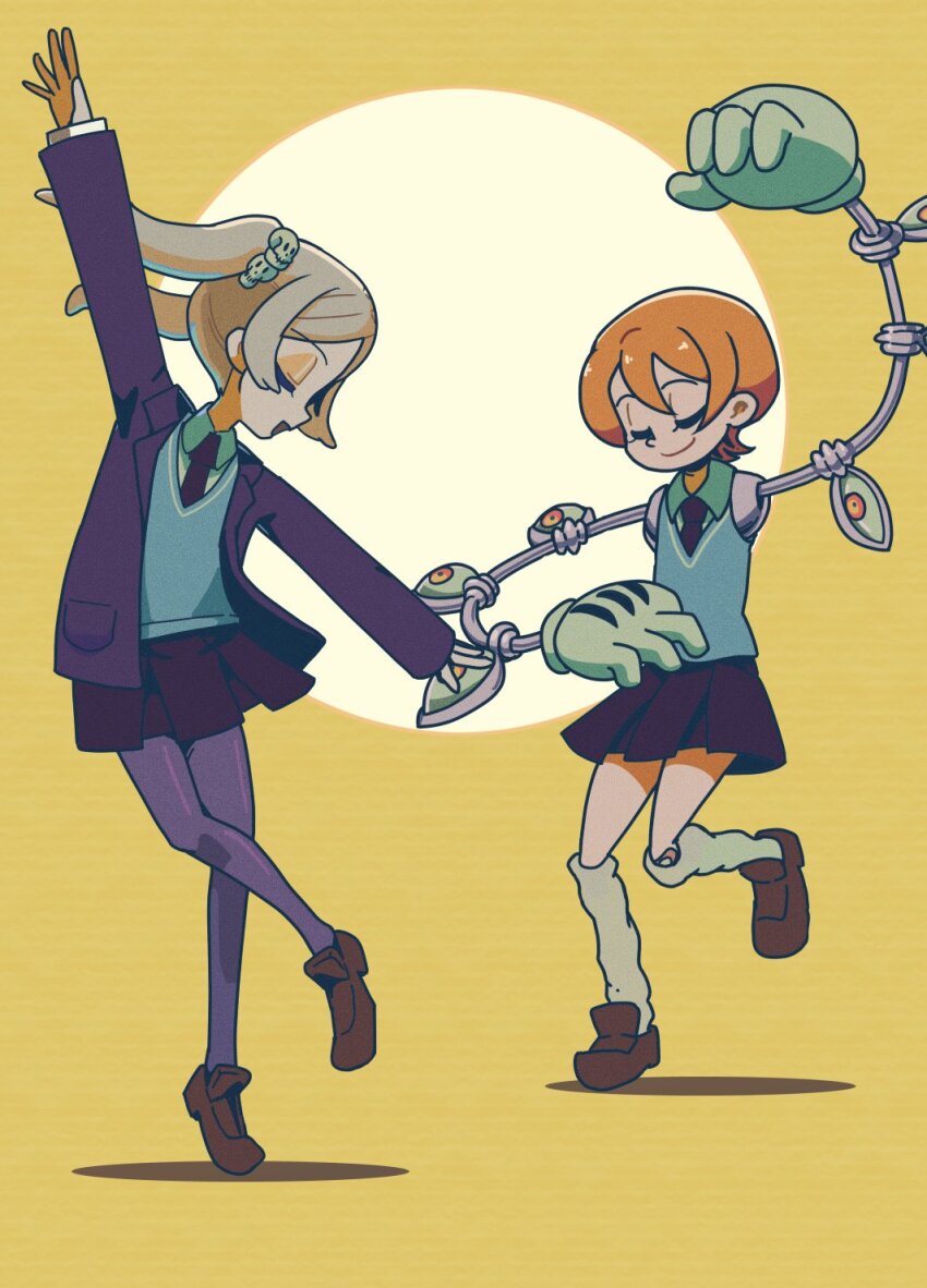 2girls alternate_hairstyle bloody_marie_(skullgirls) closed_eyes cyborg dancing full_body gloves grey_hair highres kuroirozuki multiple_girls necktie no_headwear open_mouth orange_hair pantyhose peacock_(skullgirls) pleated_skirt school_uniform short_hair skirt skullgirls smile socks sweater_vest twintails yellow_background