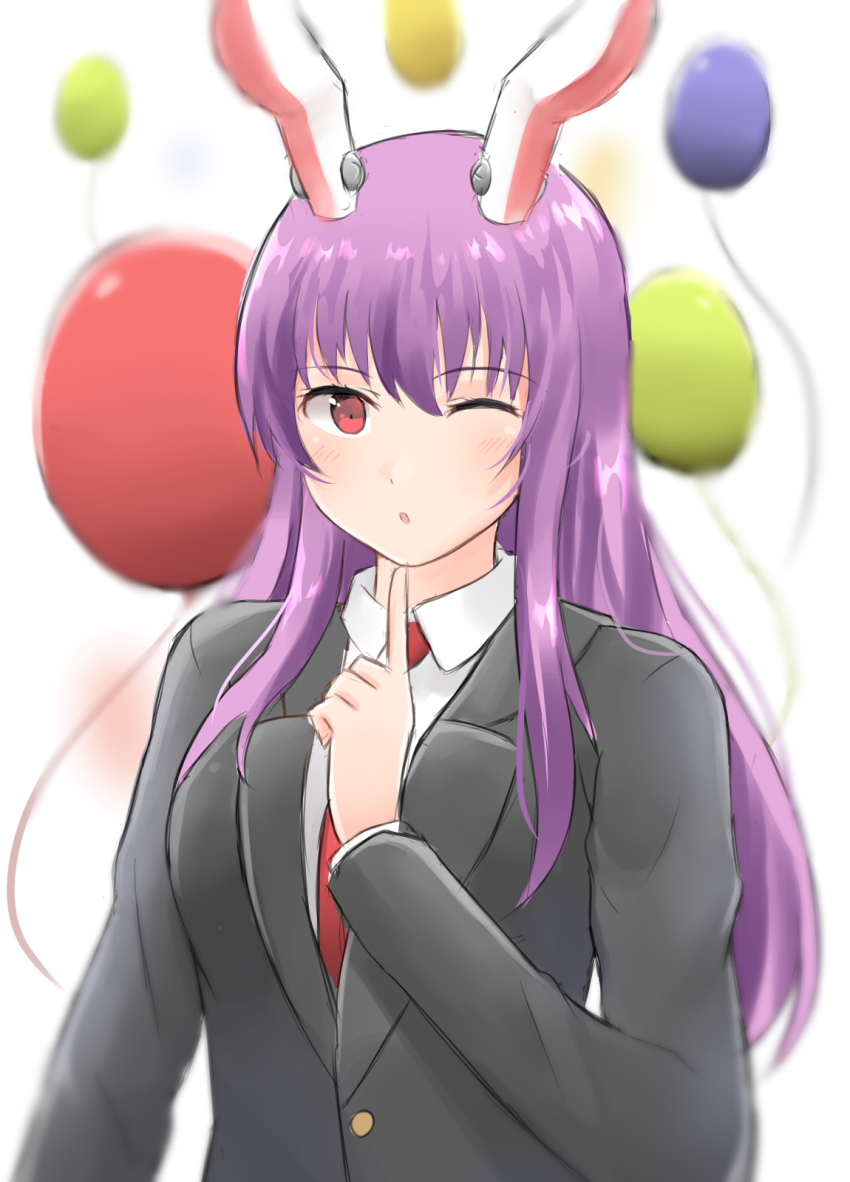 1girl ;o animal_ears bad_id bad_pixiv_id balloon blazer blush female_focus happy_birthday highres index_finger_raised jacket long_hair long_sleeves looking_at_viewer necktie one_eye_closed purple_hair rabbit_ears red_eyes red_necktie reisen_udongein_inaba shirt sidelocks solo touhou ucukrtz upper_body white_shirt
