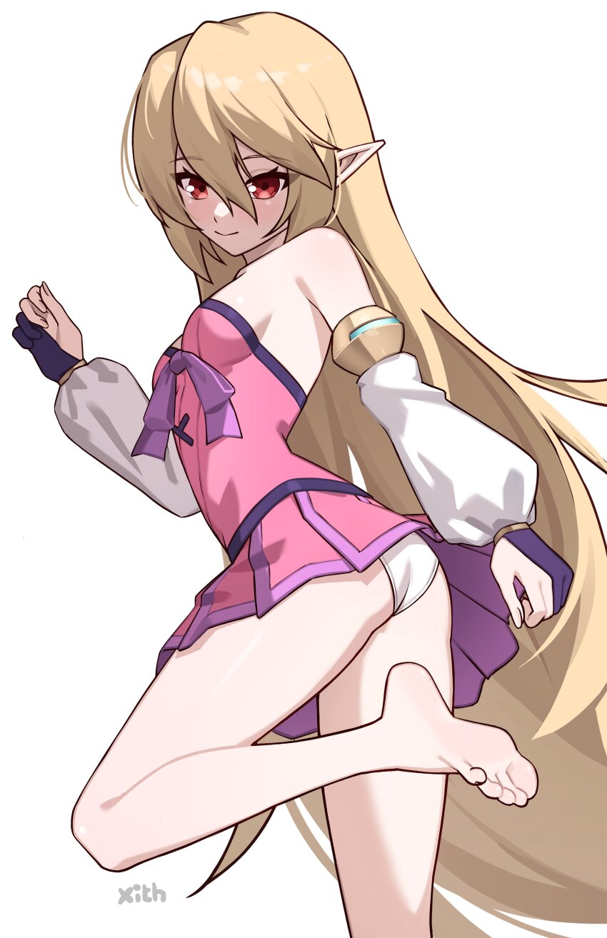 1girl absurdres ass bare_shoulders barefoot blonde_hair bow breasts commentary commission detached_sleeves dress english_commentary from_side hand_up highres leg_up long_hair original panties pink_dress pointy_ears purple_bow red_eyes simple_background smile soles standing standing_on_one_leg strapless strapless_dress toes underwear very_long_hair white_background white_panties x_xith_x