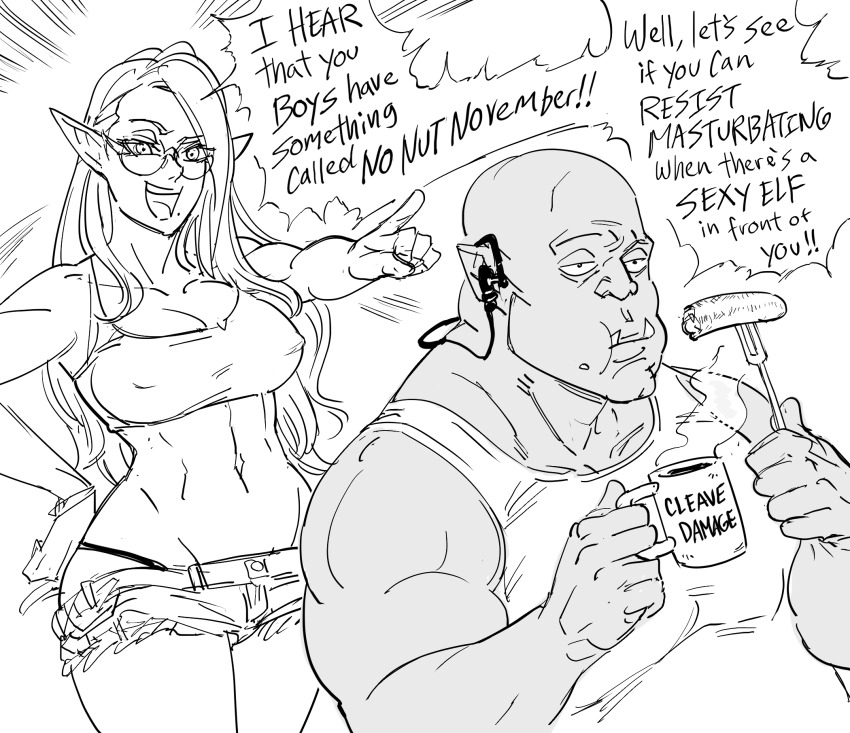 1boy 1girl :d bald bb_(baalbuddy) breakfast breasts commentary couple covered_erect_nipples cup earphones eating elf english_commentary english_text fang fang_out fangs food fork greyscale hand_on_own_hip hetero highres holding holding_cup large_breasts long_hair midriff mole mole_under_mouth monochrome mug_writing navel no_nut_november open_mouth orc original pointing pointy_ears rejection round_eyewear sausage shirt short_shorts shorts simple_background sleeveless sleeveless_shirt smile tank_top white_background