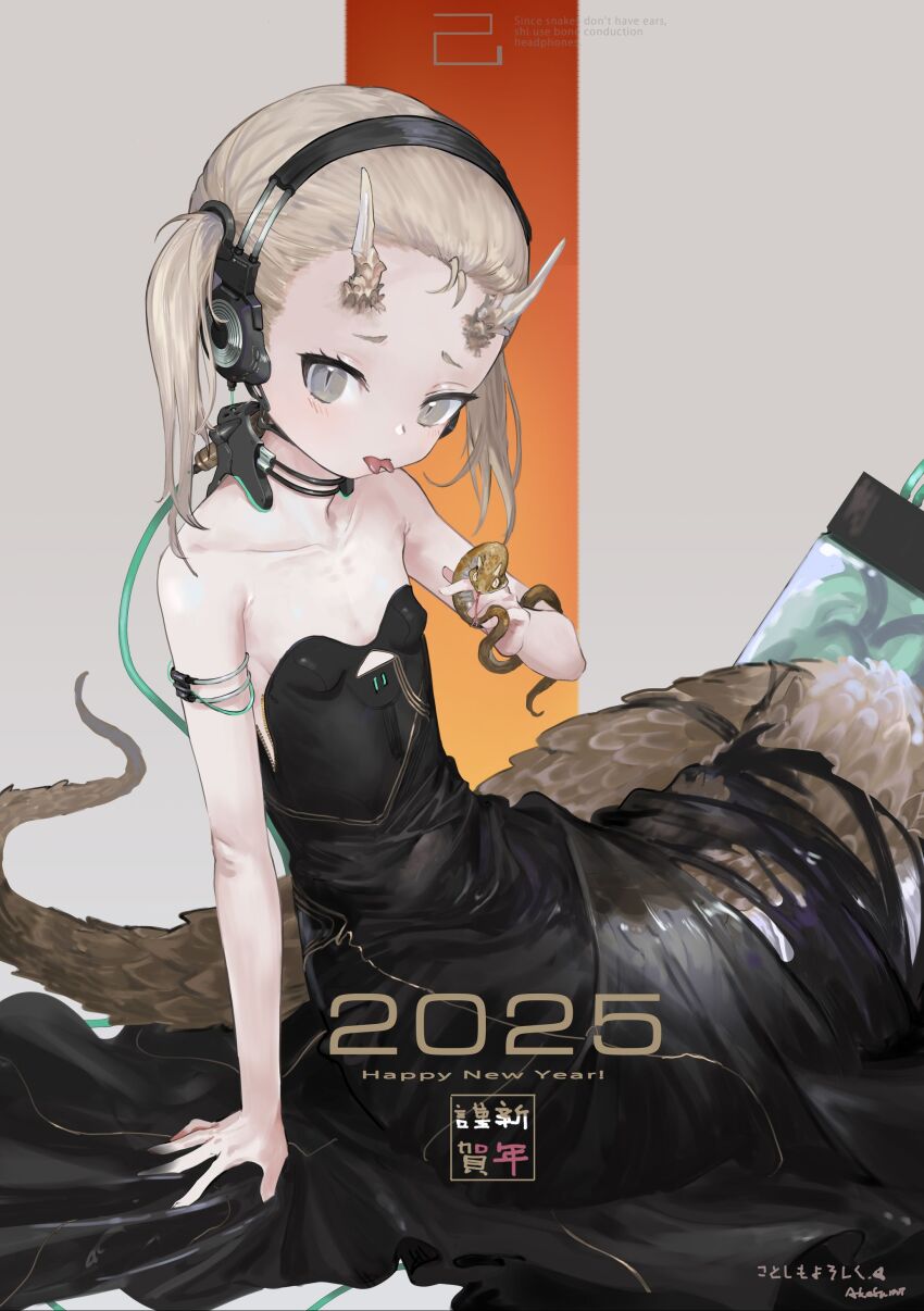 1girl 2025 :p absurdres akefumi animal bare_shoulders black_dress blonde_hair breasts chinese_zodiac closed_mouth collarbone commentary_request covered_navel dress forked_tongue grey_eyes happy_new_year headphones highres holding holding_animal horns lamia looking_at_viewer medium_hair monster_girl new_year original slit_pupils small_breasts snake solo strapless strapless_dress tongue tongue_out twintails white_horns year_of_the_snake