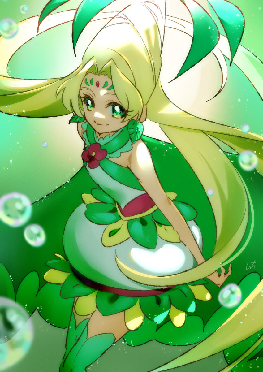 1girl agnete_(precure) bare_arms bars beehive_hairdo blonde_hair boots bow brooch bubble bubble_skirt closed_mouth cure_oasis dress earrings eyelashes facial_mark feet_out_of_frame flower flower_brooch forehead_jewel forehead_mark frilled_dress frills green_background green_bow green_eyes green_theme hair_ornament half_updo halter_dress halterneck happy hibiscus highres jewelry leaf_earrings leaf_hair_ornament leaning_forward light_blush long_hair looking_at_viewer magical_girl palm_leaf pink_flower precure shipu_(gassyumaron) signature skirt smile solo tareme thigh_boots tropical-rouge!_precure very_long_hair white_dress
