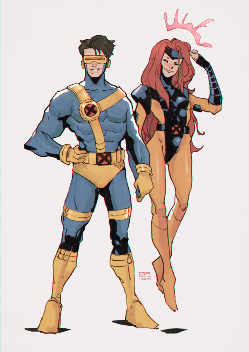 02ofclubs 1boy 1girl blue_bodysuit bodysuit boots brown_hair cyclops_(x-men) floating gloves hand_on_own_hip highres jean_grey long_hair looking_at_viewer male_underwear marvel short_hair simple_background standing superhero_costume two-tone_bodysuit underwear white_background x-men yellow_bodysuit yellow_boots yellow_gloves yellow_male_underwear