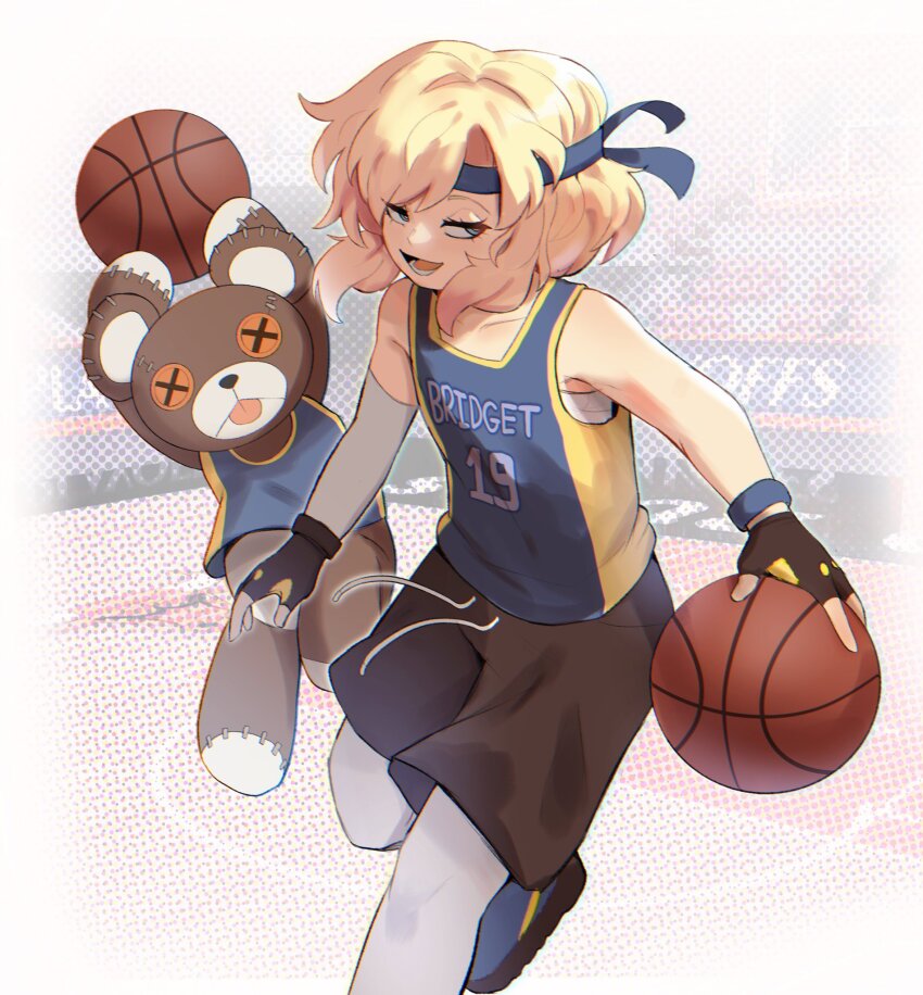 1boy aqua_eyes asymmetrical_gloves ball basketball basketball_(object) basketball_court basketball_jersey basketball_uniform black_gloves blonde_hair bridget_(guilty_gear) fingerless_gloves gloves guilty_gear guilty_gear_strive gym_shorts highres jersey looking_to_the_side male_focus medium_hair playing_sports roger_(guilty_gear) shorts sky_guy_art sportswear stuffed_animal stuffed_toy teddy_bear trap