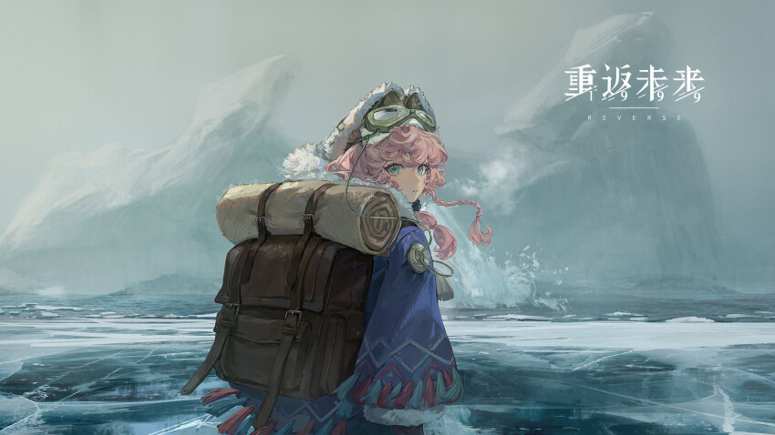 1girl aqua_eyes backpack bag brown_bag brown_hat coat copyright_name eyewear_strap from_behind goggles goggles_on_head grey_sky hat highres ice iceberg logo long_hair long_sleeves looking_at_viewer looking_back nautika_(reverse:1999) official_art outdoors parted_lips purple_coat reverse:1999 sky solo trapper_hat turning_head upper_body