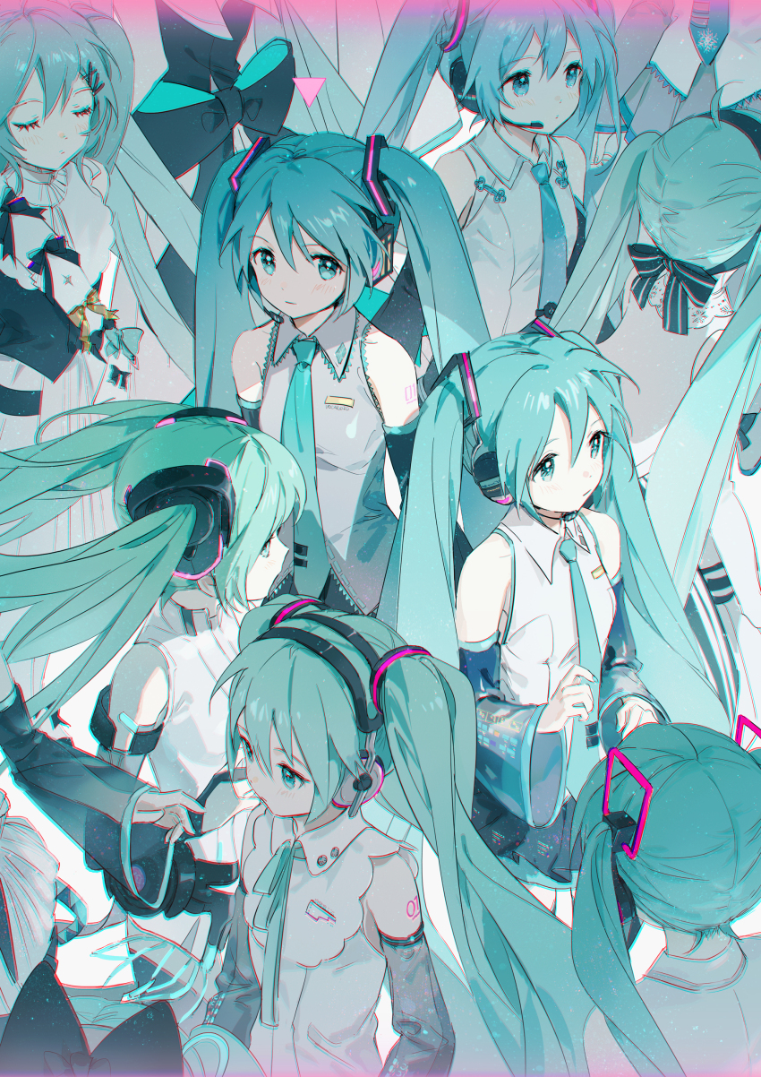 6+girls :| absurdres balabling black_skirt black_sleeves blue_eyes blue_hair blue_necktie blush breasts character_request closed_eyes closed_mouth collared_shirt commentary detached_sleeves dot_nose english_commentary expressionless facing_ahead from_above full_body green_hair grey_shirt hair_between_eyes hair_ornament hatsune_miku hatsune_miku_(append) hatsune_miku_(nt) hatsune_miku_(vocaloid3) hatsune_miku_(vocaloid4) hatsune_miku_(vocaloid4)_(chinese) hatsune_miku_happy_16th_birthday_-dear_creators- headphones highres long_hair long_sleeves looking_ahead looking_at_viewer magical_mirai_(vocaloid) magical_mirai_miku magical_mirai_miku_(2016) miku_symphony_(vocaloid) multiple_girls necktie number_tattoo piapro_studio pleated_skirt shirt sidelocks skirt small_breasts tattoo tie_clip twintails v4x very_long_hair vocaloid vocaloid_append walking white_shirt yuki_miku yuki_miku_(2011)