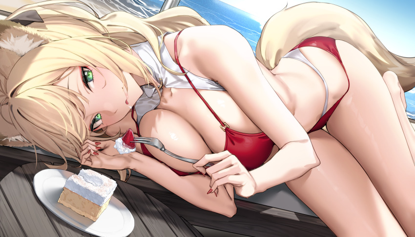 1girl :p absurdres animal_ears bikini breasts cake cleavage commission eating fennec_fox food fox_ears fox_tail fruit highres large_breasts looking_at_viewer lying multicolored_eyes ocean original pallad red_bikini shore skeb_commission smile solo strawberry swimsuit tail tongue tongue_out wooden_deck