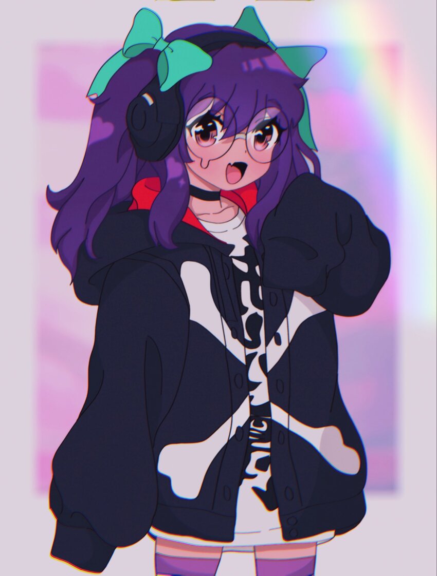 1girl bito_daisukenojo_(cosplay) black_hoodie cosplay fang glasses green_ribbon hair_ribbon headphones highres hood hoodie joshuathefruit long_hair long_sleeves open_mouth purple_hair ribbon round_eyewear shin_subarashiki_kono_sekai skin_fang sleeves_past_fingers sleeves_past_wrists striped_clothes striped_thighhighs subarashiki_kono_sekai thighhighs twintails usui_nagi