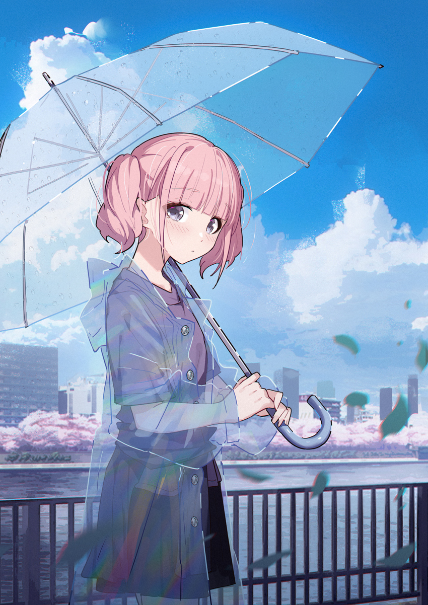 1girl blush cherry_blossoms chinese_commentary closed_mouth cloud commentary_request day falling_leaves girls_band_cry grey_eyes grey_shirt highres hina_(girls_band_cry) holding holding_umbrella leaf looking_at_viewer outdoors pink_hair raincoat river see-through_clothes see-through_raincoat shirt short_twintails solo transparent transparent_umbrella twintails umbrella yun_cao_bing