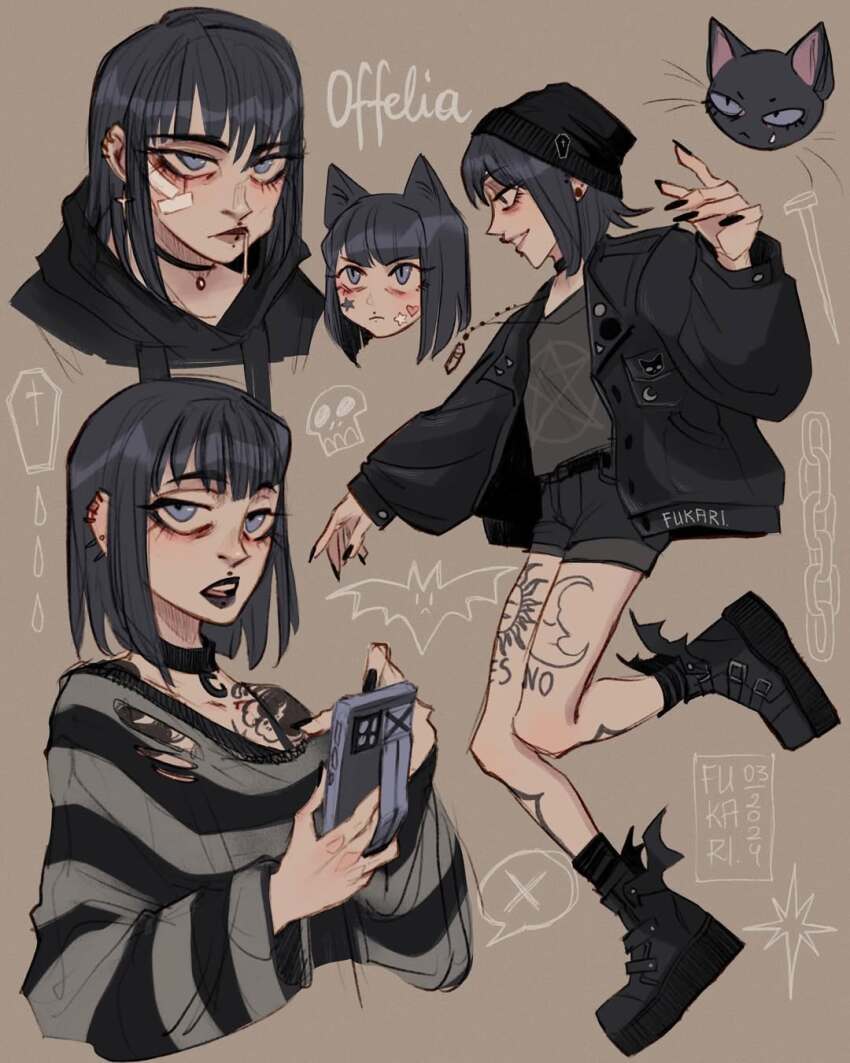 1girl animal animal_ears ankle_boots bandaid bandaid_on_face bandaid_on_head bat_(animal) beanie belt black_choker black_hair black_hoodie black_jacket black_nails black_shirt blue_eyes boots cat cat_ears chain choker coffin ear_piercing earrings face_piercing fukari goth_fashion hat highres holding hood hoodie jacket jewelry lip_piercing long_sleeves looking_at_viewer nail_polish necklace offelia_(fukari) original phone piercing shirt shoes short_hair shorts smile solo tattoo torn_clothes