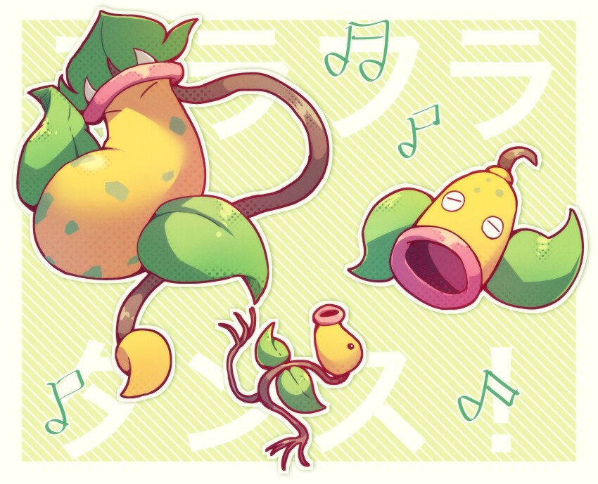 absurdres bellsprout border closed_eyes commentary_request evolutionary_line fangs gen_1_pokemon green_background highres leaf leg_up missou_shiro musical_note nintendo no_humans outline pokemon pokemon_(creature) victreebel weepinbell white_border