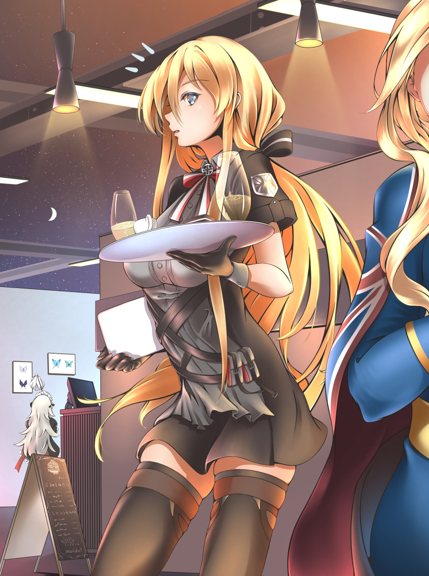 3girls absurdres alternate_hairstyle azur_lane bismarck_(azur_lane) bismarck_(iron_black_elysium)_(azur_lane) blonde_hair blue_eyes cafe cowboy_shot drink highres hood_(azur_lane) madakov_kodima maid multiple_girls notice_lines official_alternate_costume surprised thighhighs tray z46_(azur_lane) z46_(chronicles_of_the_dust_wars)_(azur_lane)