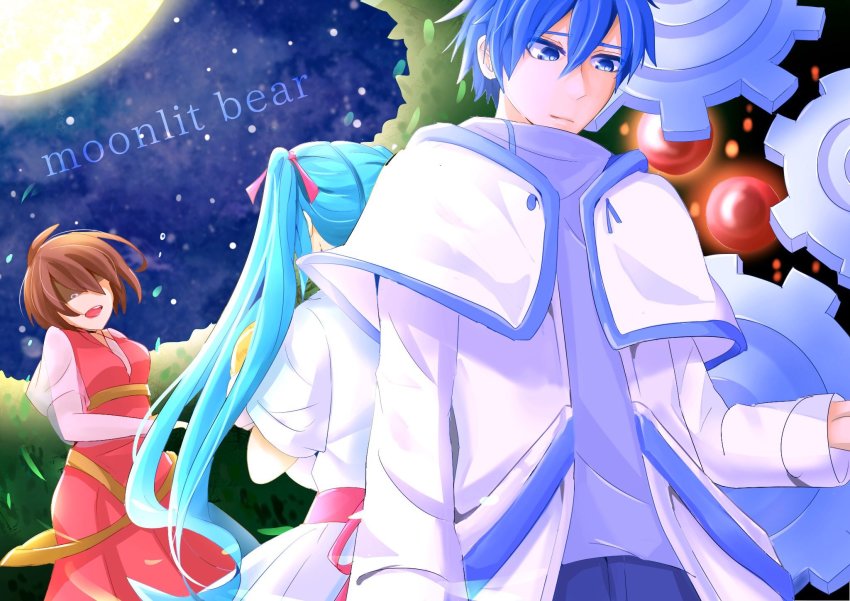 1boy 2girls adam_moonlit akame_(akame0516) aqua_hair baby back-to-back blonde_hair blue_eyes blue_hair brown_hair carrying carrying_baby carrying_person closed_mouth crying crying_with_eyes_open dress dutch_angle eve_moonlit evillious_nendaiki forest full_moon gears hair_ribbon hatsune_miku highres kaito_(vocaloid) lab_coat leaf long_coat long_hair looking_down majo_salmhofer_no_toubou_(vocaloid) meiko_(vocaloid) meta_salmhofer moon moonlit_bear_(vocaloid) multiple_girls nature open_mouth red_dress ribbon scientist see-through_clothes see-through_sleeves serious shaded_face short_hair sky song_name star_(sky) starry_sky tagme tears tree twintails vocaloid white_dress