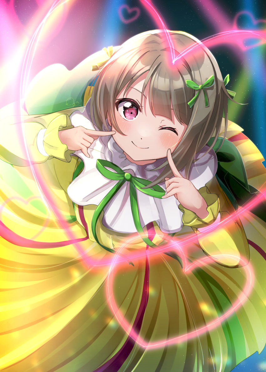 1girl ;) absurdres asymmetrical_hair blush bob_cut brown_hair closed_mouth dress fingers_to_cheeks green_ribbon hair_ribbon highres leaning_forward long_dress long_sleeves looking_at_viewer love_live! love_live!_nijigasaki_high_school_idol_club mutekikyuu_believer nakasu_kasumi neck_ribbon nyako_(utaneko31) official_alternate_costume one_eye_closed pleated_dress puffy_long_sleeves puffy_sleeves red_eyes ribbon short_hair smile solo yellow_dress