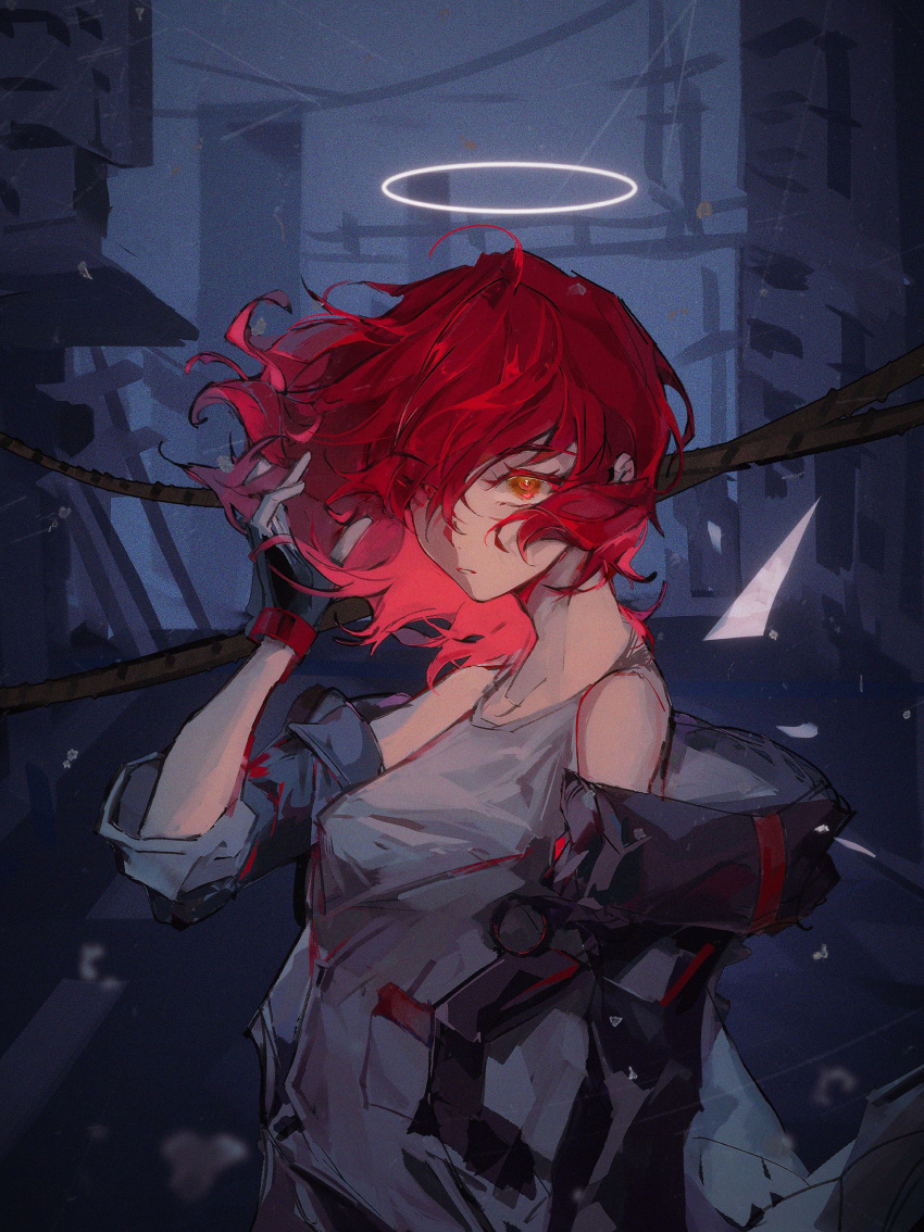1girl absurdres arknights bare_shoulders black_gloves black_jacket breasts caution_tape city exusiai_(arknights) eyes_visible_through_hair facing_to_the_side fingerless_gloves floating_hair gloves grey_tank_top hair_over_one_eye halo highres jacket jinfeng0430 looking_at_viewer open_clothes open_jacket orange_eyes parted_lips red_hair short_hair sketch solo tank_top traditional_halo upper_body
