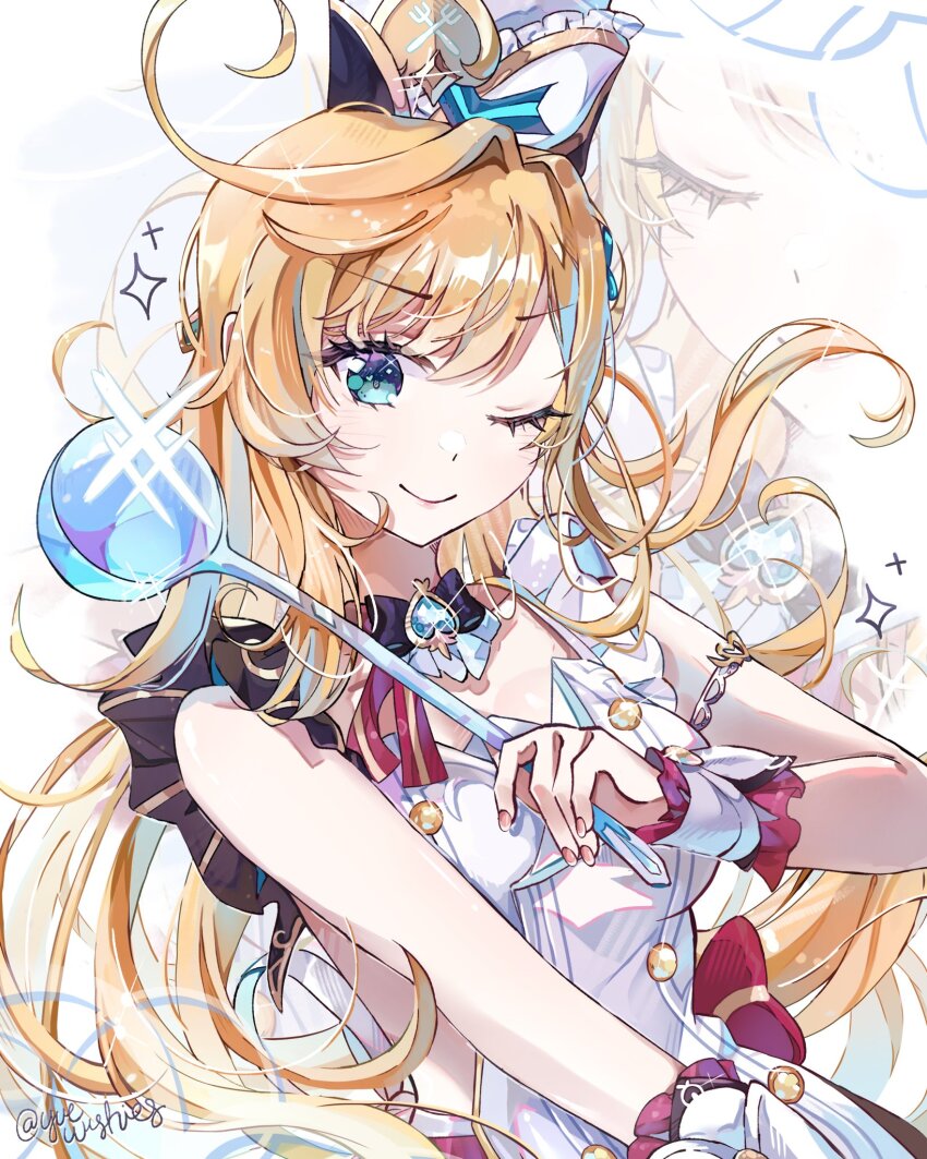 1girl ahoge apron armlet blonde_hair blue_eyes chef chef_hat escoffier_(genshin_impact) fingernails frilled_cuffs genshin_impact hat heart heart_in_eye highres holding holding_ladle jewelry ladle long_hair looking_at_viewer one_eye_closed smile sparkle symbol_in_eye upper_body white_apron white_hat wrist_cuffs yuewishies