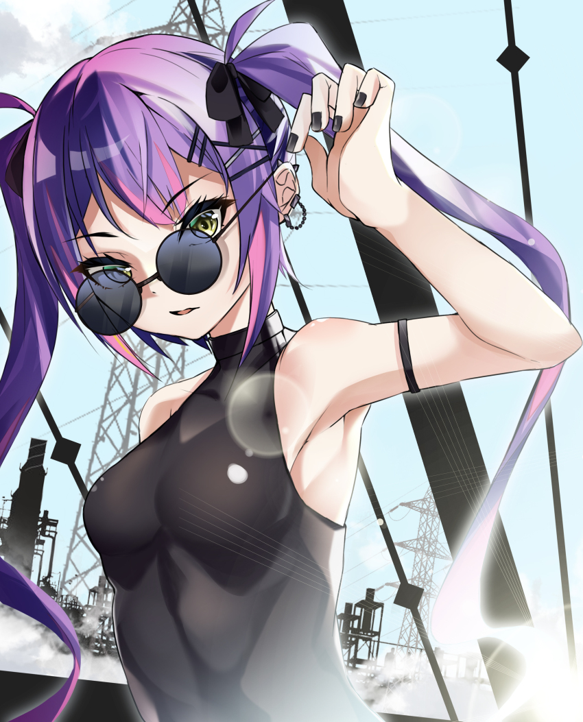 1girl absurdres arm_strap armpits black_bow black_nails bow breasts ear_piercing earrings green_eyes hair_bow hair_ornament hairclip highres hololive jewelry looking_at_viewer looking_over_eyewear momochi_(hana_tubakino) nail_polish piercing purple_hair round_eyewear small_breasts solo sunglasses tokoyami_towa twintails upper_body virtual_youtuber