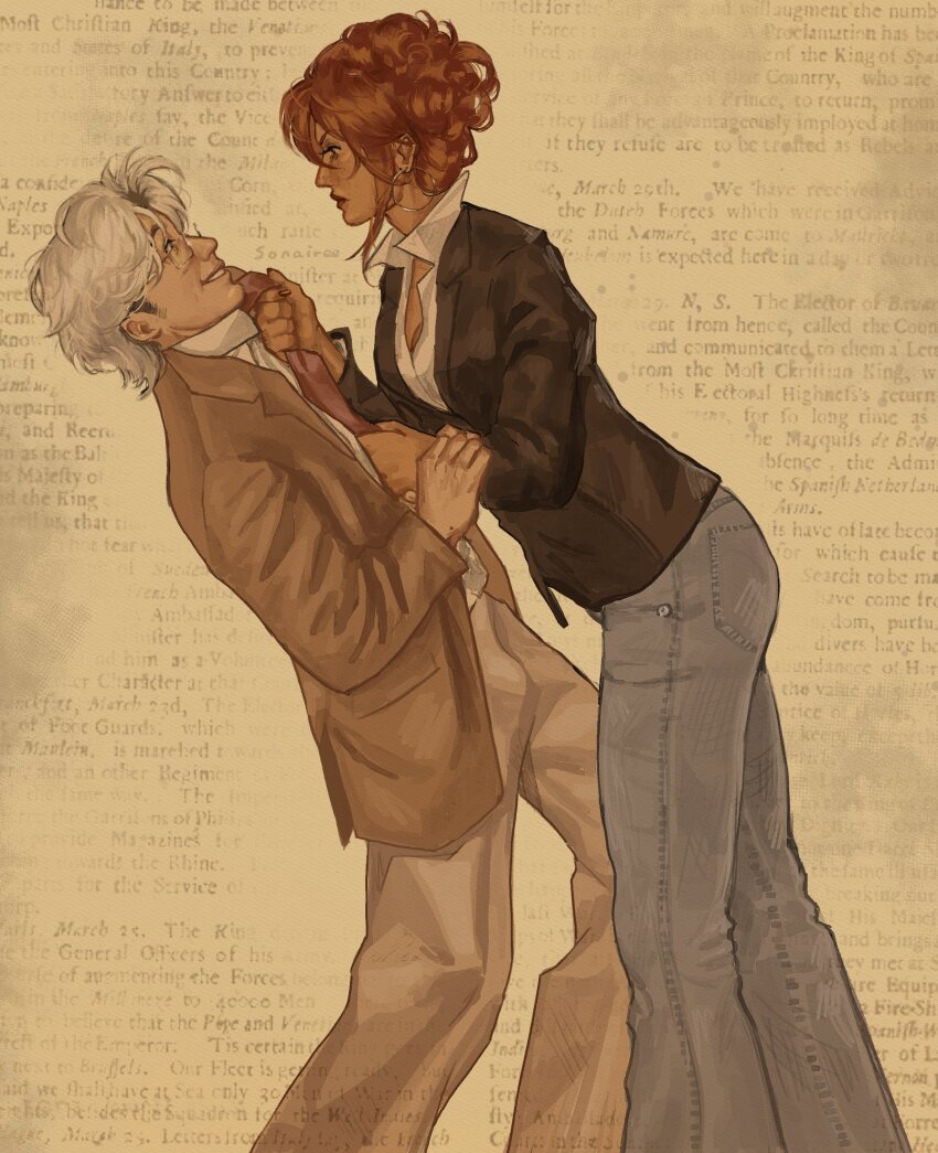 1boy 1girl ass breasts brown_coat brown_eyes cleavage clothes_grab coat collared_shirt curly_hair curtained_hair earrings from_side glasses grin hair_bun hand_on_another&#039;s_wrist highres holding_hands holding_necktie hoop_earrings jewelry leaning_back looking_at_another messy_hair necktie open_mouth orange_hair original parchment popped_collar red_necktie shirt short_hair sidelocks smile sonaireeart text_background upper_body white_hair white_shirt yellow_background