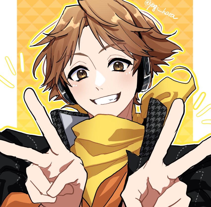 1boy absurdres arms_up bandana bandana_around_neck black_jacket brown_eyes brown_hair collared_jacket commentary_request double_v grin hanamura_yousuke headphones highres houndstooth jacket male_focus open_clothes open_jacket persona persona_4 popped_collar school_uniform short_hair smile solo suit_jacket teeth twitter_username upper_body v yagi_hara yasogami_school_uniform yellow_bandana
