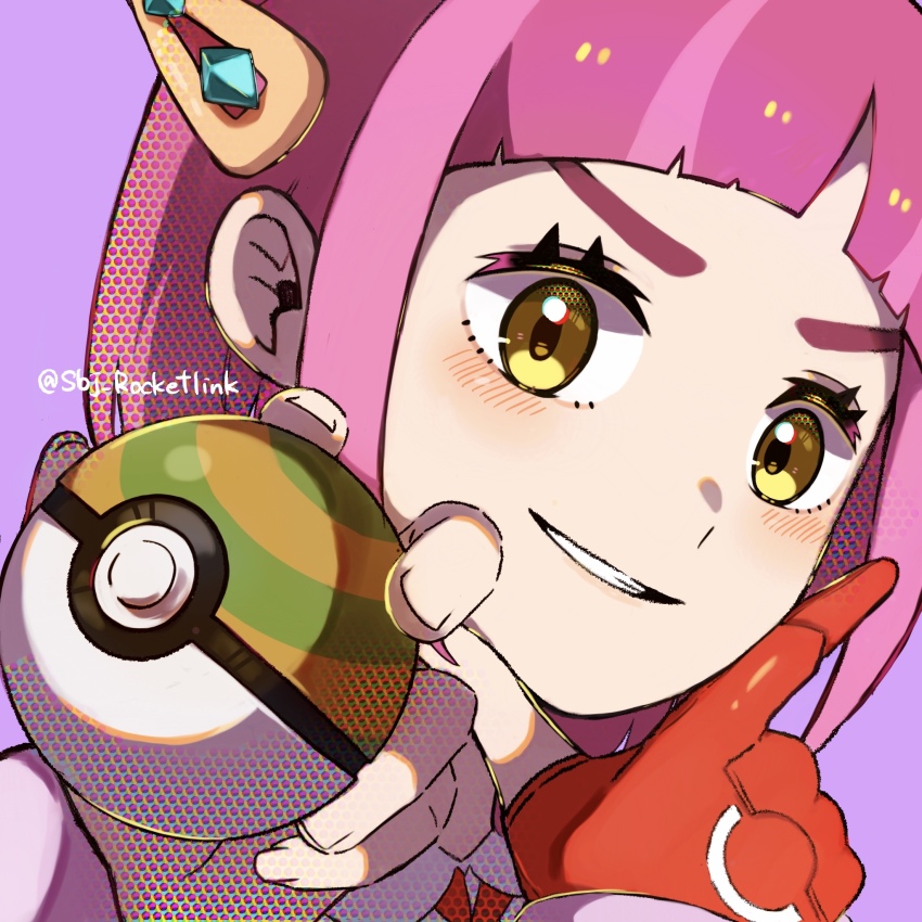 1girl arched_bangs crossed_wrists eyelashes gloves hair_ornament hairclip highres holding holding_poke_ball lacey_(pokemon) looking_at_viewer medium_hair nest_ball nintendo pink_hair poke_ball pokemon pokemon_sv red_gloves single_glove smile solo yellow_eyes yomogi_dango_(sbj_rocketlink)