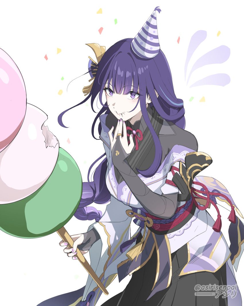 1girl absurdres asiri_senpai birthday black_bridal_gauntlets black_shirt black_skirt breasts bridal_gauntlets commentary confetti dango eating food genshin_impact hair_ornament hand_up hat highres holding holding_food japanese_clothes kimono large_breasts mole mole_under_eye nail_polish oversized_food oversized_object party_hat pink_nails purple_eyes purple_hair purple_kimono raiden_shogun sanshoku_dango shirt simple_background skirt solo twitter_username wagashi white_background