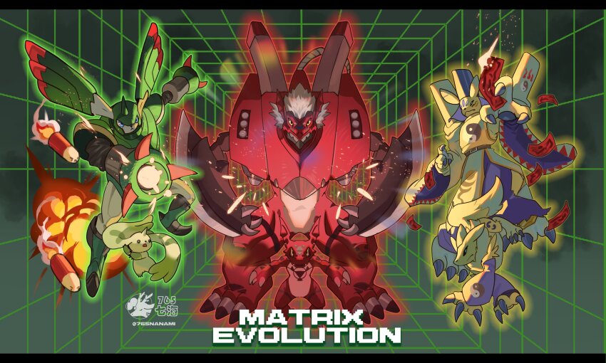 765_nanami arm_blade arm_cannon armor artist_logo artist_name black_sclera blue_eyes body_fur colored_sclera cyborg digimon digimon_(creature) digimon_tamers dinosaur dragon evolutionary_line full_body green_armor green_background group_picture guilmon highres kitsune logo megalogrowmon missile ofuda rabbit rapidmon red_armor red_fur red_scales renamon robe short_hair taomon terriermon twitter_username weapon white_hair yellow_eyes