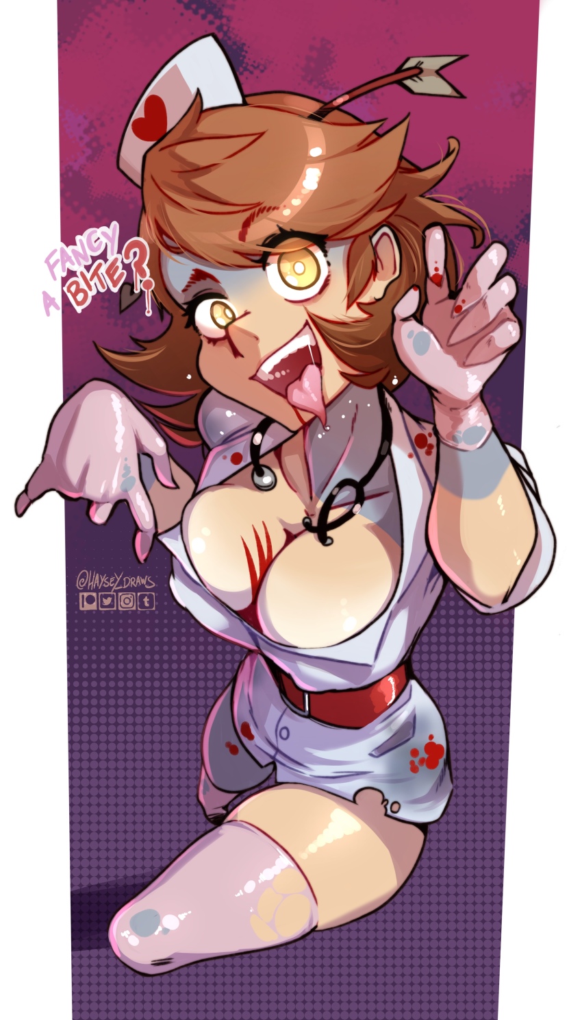 1girl absurdres alternate_costume alternate_eye_color arrow_(projectile) arrow_in_body arrow_in_head belt blood blood_on_breasts blood_on_clothes blood_on_hands breasts bright_pupils claw_pose cleavage colored_extremities covered_erect_nipples dress from_above gloves hands_up hat haysey heart heart_print highres large_breasts looking_at_viewer looking_up nurse nurse_cap object_through_head open_mouth persona persona_3 red_belt short_dress smile solo stethoscope takeba_yukari teeth thighhighs tongue tongue_out torn_clothes torn_dress torn_thighhighs upper_teeth_only white_dress white_hat white_pupils white_thighhighs wide-eyed yellow_eyes zombie