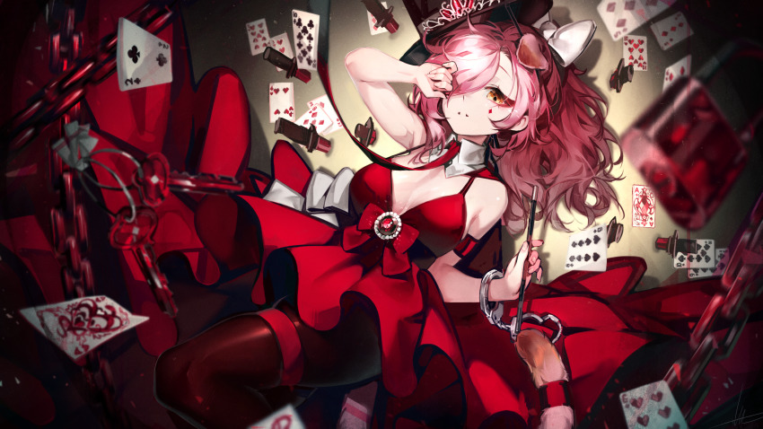 1girl ace_(playing_card) ace_of_diamonds ace_of_hearts alternate_costume alternate_hairstyle arknights arm_strap arm_up black_hat black_pantyhose bow breasts card collar cuffs dagger detached_collar diamond_(shape) dress dress_bow eight_of_diamonds_(playing_card) eight_of_spades extra_ears facial_tattoo five_of_diamonds four_of_hearts frilled_skirt frills gem goldenglow_(arknights) hair_bow hair_over_one_eye handcuffs hat heart highres knife leash leg_ribbon long_hair medium_breasts nine_of_hearts nine_of_spades one_eye_covered pantyhose pink_hair planted playing_card red_bow red_dress red_gemstone red_ribbon red_skirt ribbon ribiadan six_of_hearts skirt solo spaghetti_strap tattoo ten_of_clubs ten_of_hearts ten_of_spades thigh_ribbon three_of_diamonds three_of_hearts top_hat two_of_clubs two_of_diamonds wand weapon white_bow white_collar yellow_eyes
