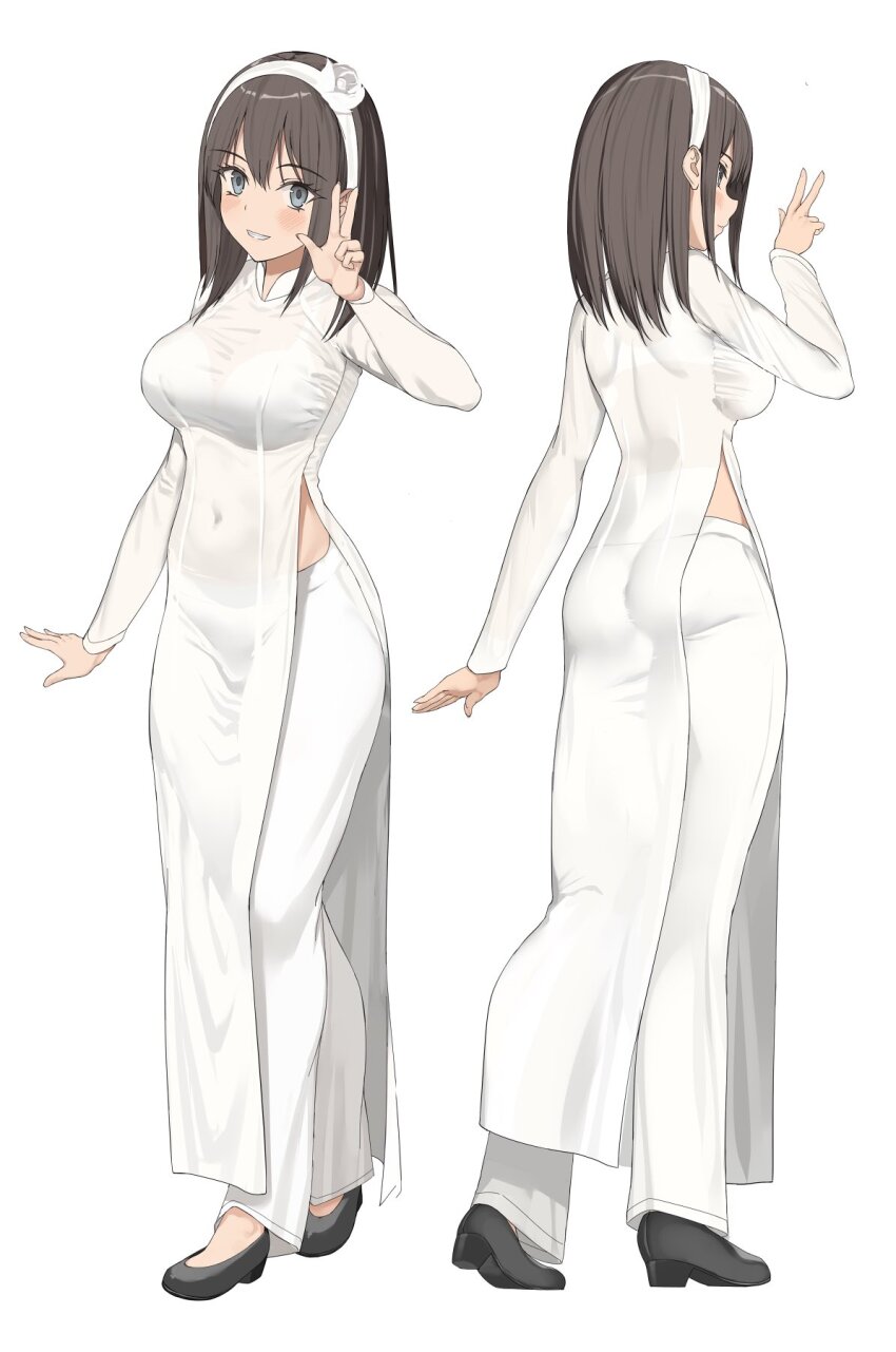 1girl ass black_hair blue_eyes breasts commentary_request covered_navel from_behind full_body grin hairband highres kureha_(ironika) looking_at_viewer medium_breasts original simple_background smile solo standing teeth tsubasa_(kureha) w