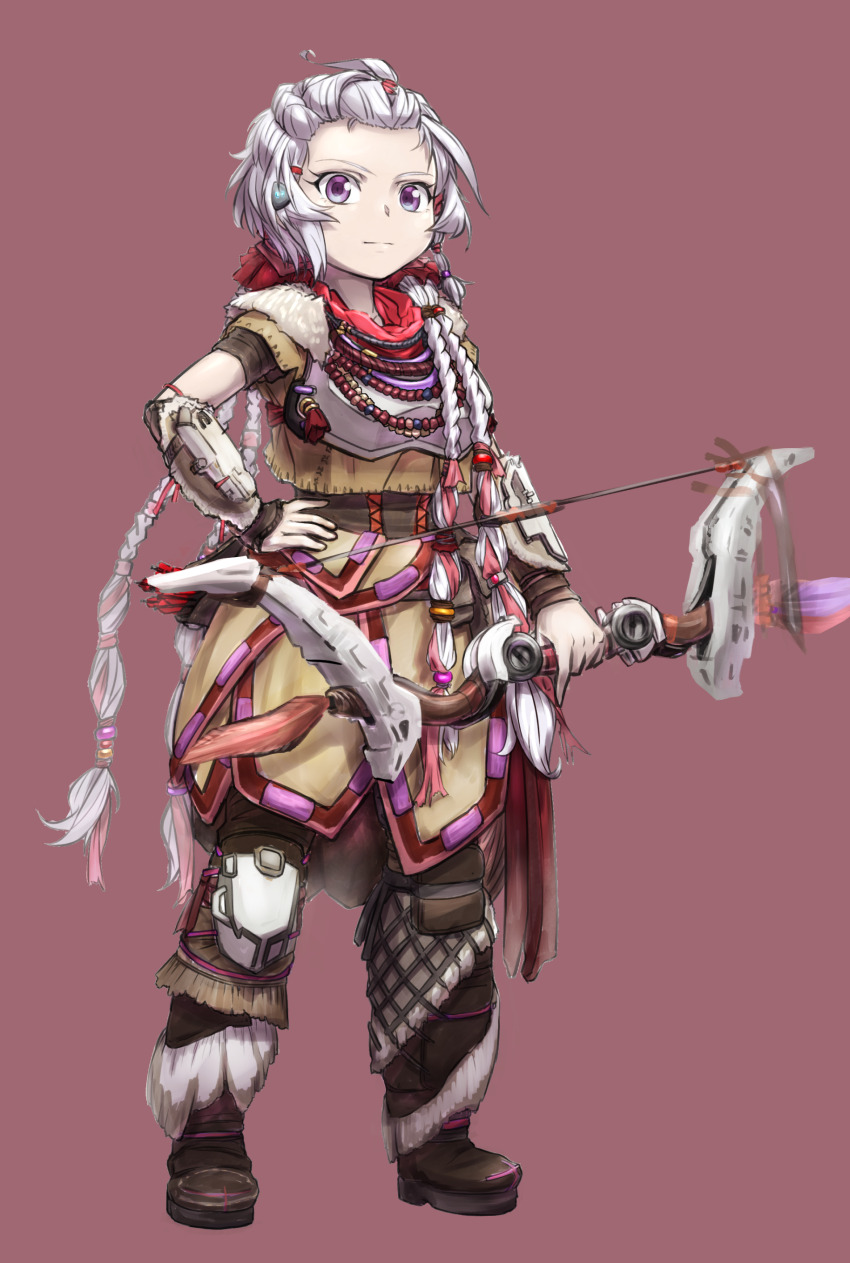 absurdres aloy_(horizon) aloy_(horizon)_(cosplay) alternate_hairstyle armor bead_necklace beads boots bow bracer braid breastplate cosplay focus_(horizon) fur_(clothing) fur_boots fur_trim highres horizon_(video_game) horizon_forbidden_west horizon_zero_dawn jewelry knee_pads necklace purple_eyes senki_zesshou_symphogear takagaki_ayahi tribal uganda_(ugandam_00) voice_actor_connection white_hair yukine_chris