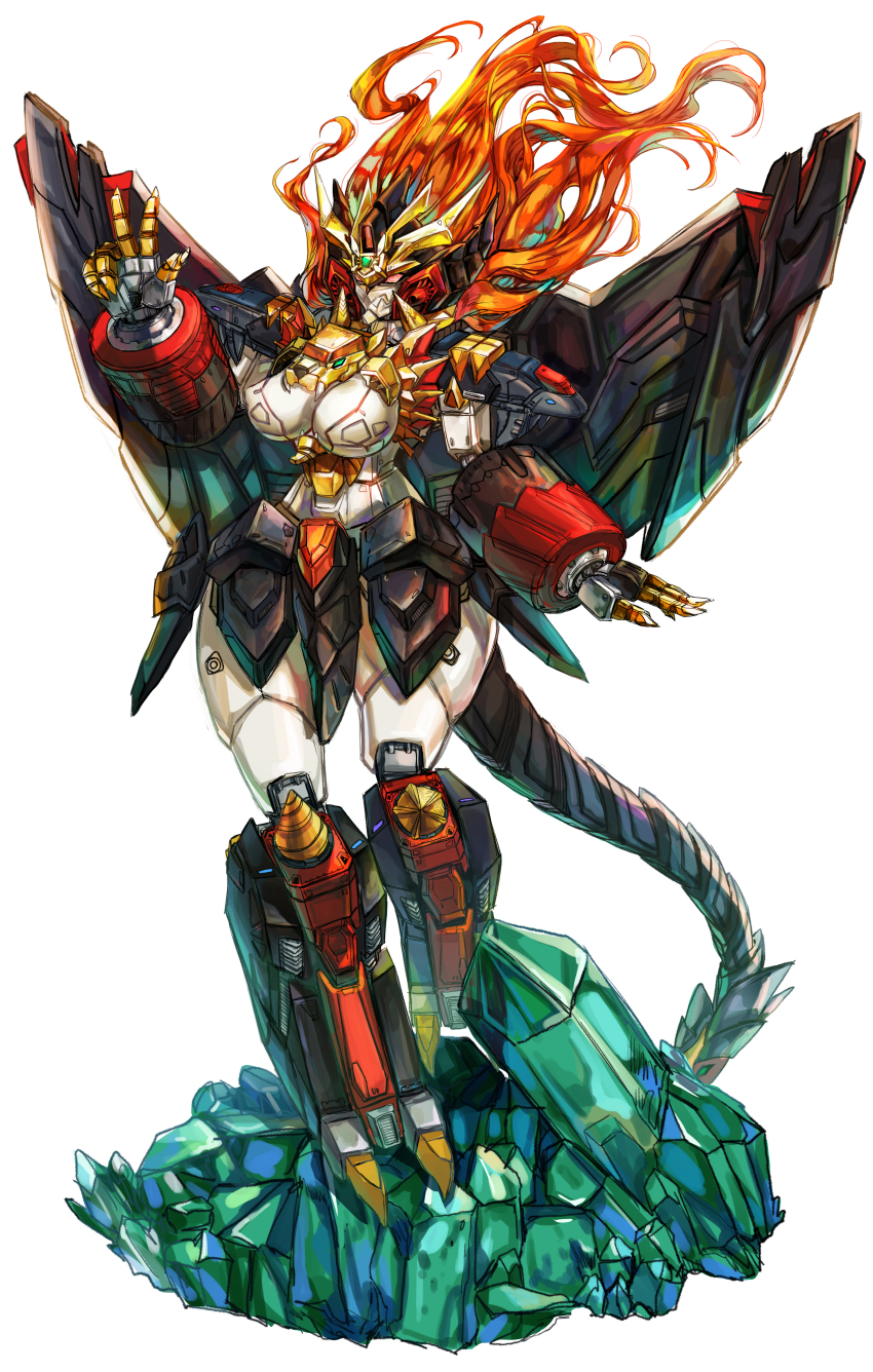 1girl absurdres breasts cleavage crystal full_body genesic_gaogaigar greatwhite1122 highres large_breasts mecha mechanical_tail mechanical_wings medium_breasts orange_eyes orange_hair robot science_fiction solo super_robot tail thick_thighs thighs v v-fin white_background wings yuusha_ou_gaogaigar yuusha_ou_gaogaigar_final yuusha_series