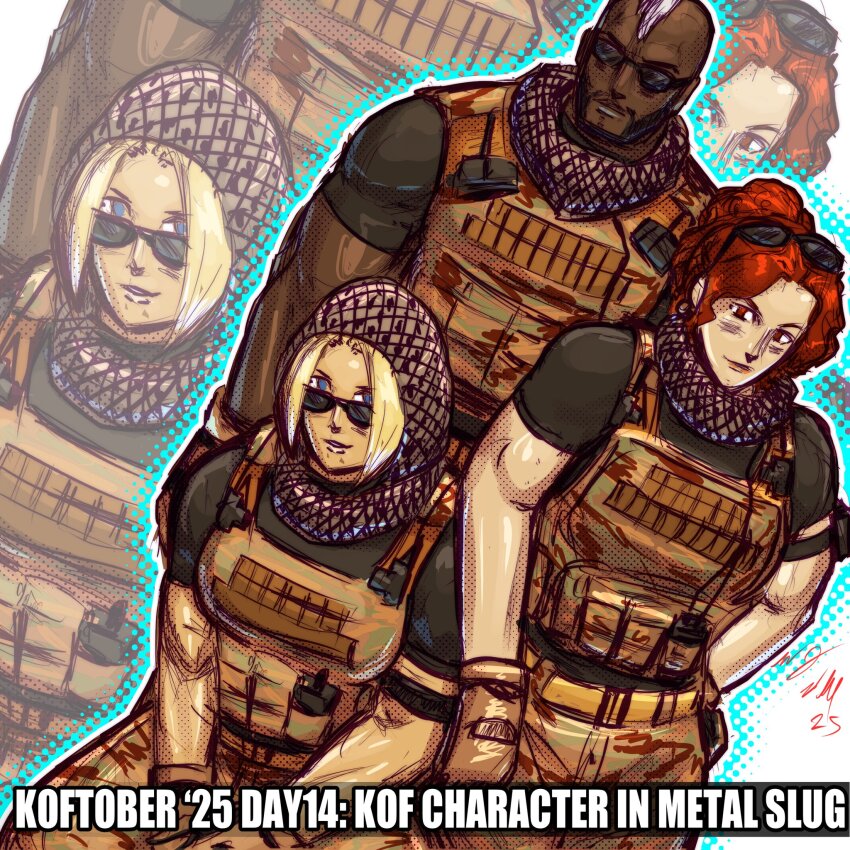 2girls blonde_hair blue_eyes blue_mary bow breasts camouflage dark-skinned_male dark_skin glasses gloves highres large_breasts looking_at_viewer medium_hair military multiple_girls red_bow seth seth_(kof) sunglasses taurence_bell the_king_of_fighters thick_thighs thighs vanessa_(kof)