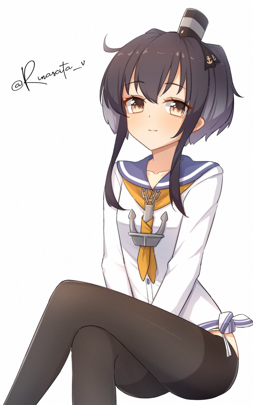 1girl anchor_necklace aticsanir black_hair blue_sailor_collar blush brown_eyes crossed_legs dress gradient_hair grey_hair hairband hat highres jewelry kantai_collection long_shirt long_sleeves mini_hat multicolored_hair neckerchief necklace no_pants pantyhose sailor_collar sailor_dress seamed_legwear shirt short_hair short_hair_with_long_locks side-seamed_legwear sitting smile smokestack_hair_ornament solo tied_shirt tokitsukaze_(kancolle) twitter_username white_background yellow_neckerchief