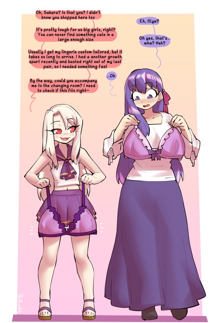 2girls absurdres borvar bra commentary english_commentary english_text fate/stay_night fate_(series) highres illyasviel_von_einzbern long_hair matou_sakura miniskirt multiple_girls purple_bra purple_eyes purple_hair purple_skirt red_eyes school_uniform serafuku shirt skirt smile speech_bubble underwear unworn_bra white_hair white_shirt