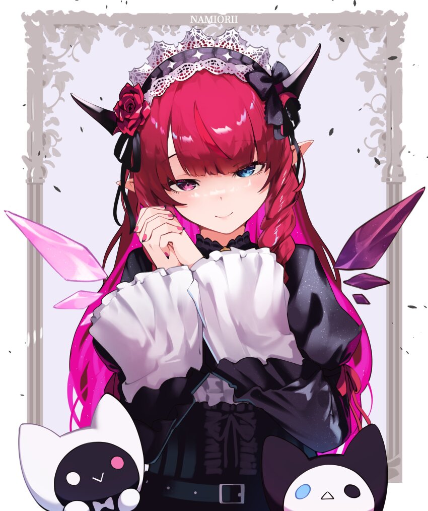 1girl absurdres asymmetrical_wings belt black_belt black_sleeves bloom_(irys) blue_eyes blunt_bangs center_frills closed_mouth colored_inner_hair commentary crystal_wings detached_wings drill_hair drill_sidelocks flower frilled_sleeves frills gloom_(irys) hair_flower hair_ornament hands_up highres hololive hololive_english horns interlocked_fingers irys_(hololive) irys_(maid)_(hololive) juliet_sleeves layered_sleeves long_hair long_sleeves looking_at_viewer maid_headdress mini_wings mismatched_wings multicolored_hair namiorii official_alternate_costume official_alternate_hairstyle own_hands_together pink_hair pointy_ears puffy_sleeves purple_eyes purple_hair rose shirt sidelocks smile solo star-shaped_pupils star_(symbol) straight-on symbol-only_commentary symbol-shaped_pupils underbust virtual_youtuber white_shirt white_sleeves wings