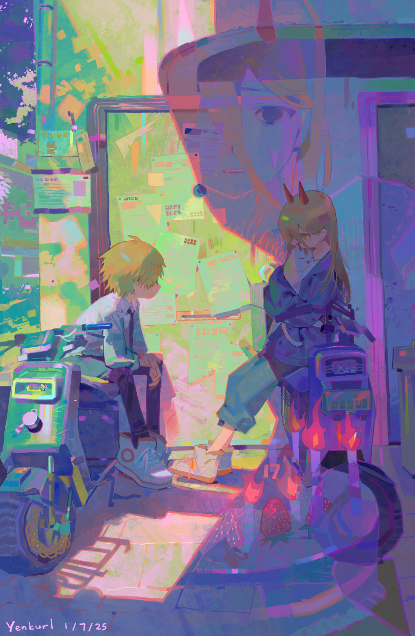 1boy 1girl absurdres black_necktie blonde_hair cat chainsaw_man collared_shirt commentary denji_(chainsaw_man) english_commentary hair_between_eyes highres horns long_hair meowy_(chainsaw_man) necktie papers power_(chainsaw_man) red_horns shirt short_hair sitting yenkurl