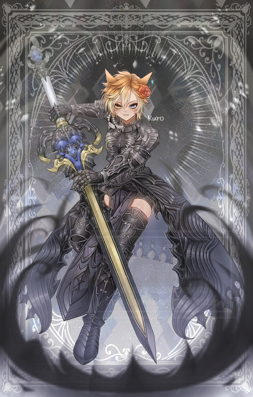 1girl absurdres animal_ears armor black_armor blonde_hair blue_eyes boots commentary_request commission facial_mark final_fantasy final_fantasy_xiv flower frown full_body gradient_hair greaves grey_background hair_flower hair_ornament heterochromia highres holding holding_sword holding_weapon kuro11_222 looking_at_viewer miqo&#039;te multicolored_hair orange_hair red_flower red_rose rose short_hair skeb_commission skindentation solo sword thigh_boots vambraces warrior_of_light_(ff14) weapon whisker_markings yellow_eyes