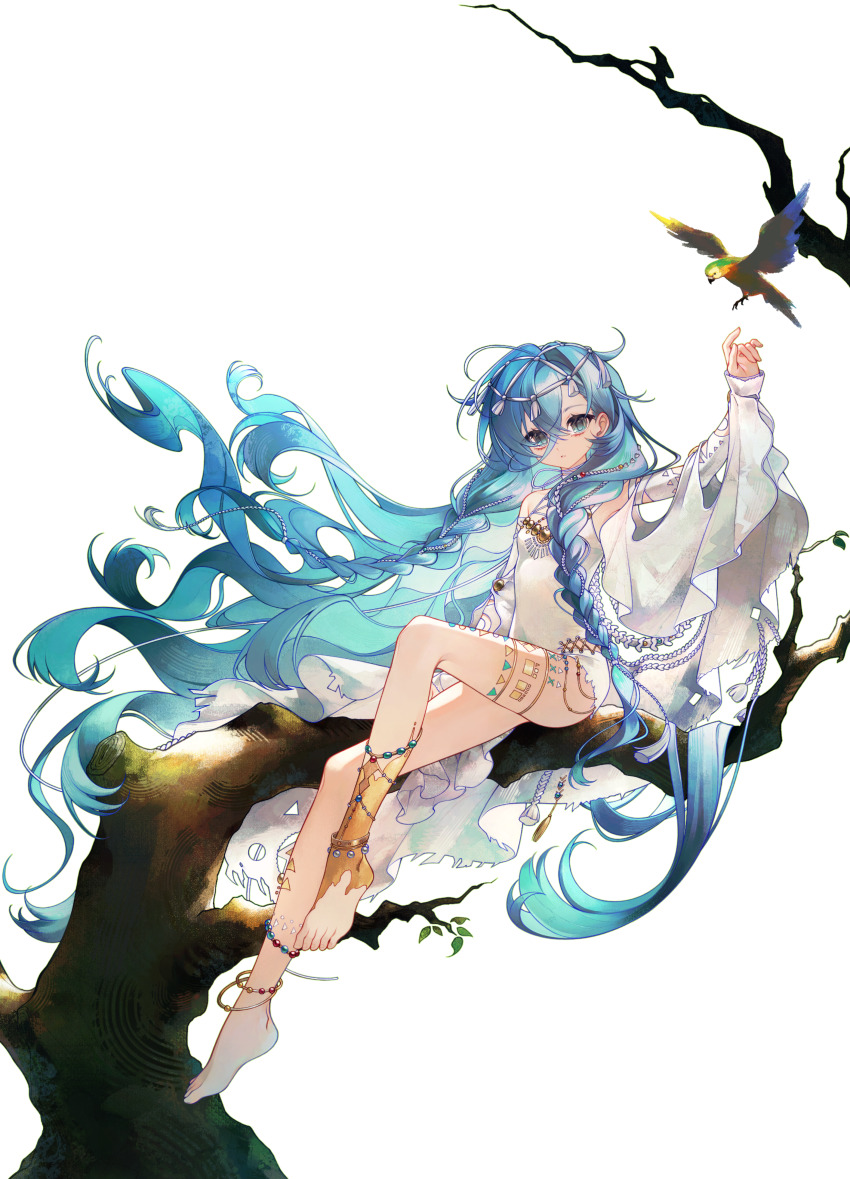 1girl 37_(down_in_the_grotto)_(reverse:1999) 37_(reverse:1999) absurdres anklet arm_up bare_shoulders barefoot bird blue_eyes blue_hair cape chenshuimozhounia detached_sleeves floating_hair full_body hair_between_eyes hair_ornament hand_up highres jewelry leg_tattoo long_hair official_alternate_costume on_branch one-piece_swimsuit parted_lips reverse:1999 sitting solo swimsuit tattoo very_long_hair white_background white_cape white_one-piece_swimsuit wide_sleeves