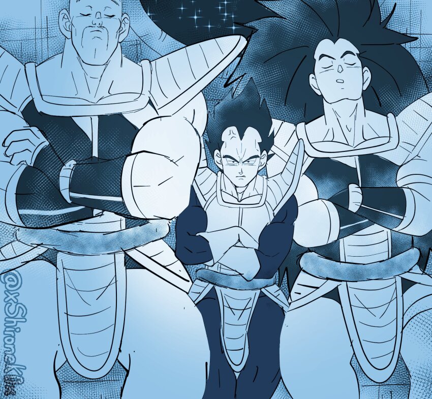 annoyed bald blue_theme commentary crossed_arms dragon_ball dragonball_z english_commentary highres long_hair male_focus manspreading muscular muscular_male nappa pelvic_curtain raditz receding_hairline saiyan_armor shironek0 side-by-side sitting sky sleeping spiked_hair spread_legs star_(sky) starry_sky thick_eyebrows thighs vegeta very_long_hair