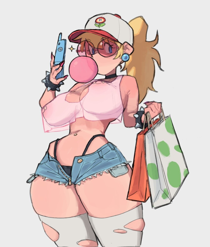 1girl bag bare_shoulders baseball_cap black_panties blonde_hair blowing_bubbles blue_eyes bracelet breasts cellphone chewing_gum choker crop_top cutoff_jeans cutoffs denim denim_shorts earrings fire_flower flip_phone hat highleg highleg_panties highres holding jewelry large_breasts mario_(series) navel navel_piercing nintendo open_fly panties phone piercing ponytail princess_peach ruka481 see-through_clothes see-through_shirt shirt shopping_bag short_shorts shorts simple_background solo sparkle sphere_earrings spiked_bracelet spikes sunglasses thick_thighs thighhighs thighs torn_clothes torn_thighhighs underwear