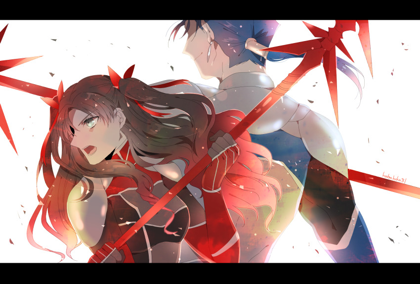 1boy 1girl black_bodysuit blue_hair bodysuit brown_hair cosplay cu_chulainn_(fate) cu_chulainn_(fate/extra) cu_chulainn_(fate/extra)_(cosplay) fate/extella fate/extra fate/extra_last_encore fate_(series) gae_bolg_(fate) gradient_hair hair_ribbon highres letterboxed multicolored_bodysuit multicolored_hair namahamu_(hmhm_81) official_alternate_costume polearm ponytail red_bodysuit red_eyes red_hair ribbon spear tohsaka_rin_(fate/extra) tohsaka_rin_(lancer) weapon