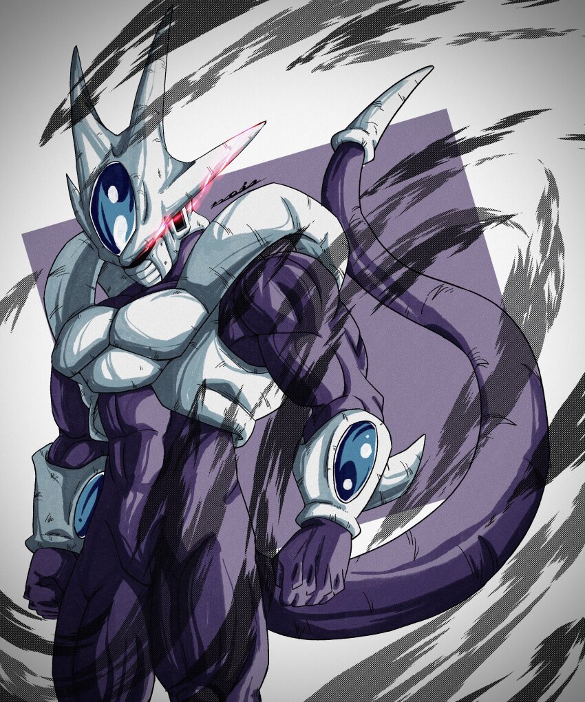 1boy absurdres alien aura clenched_hands colored_skin cooler_(dragon_ball) cowboy_shot dragon_ball dragonball_z eye_trail forehead_jewel glowing glowing_eyes grey_background highres light_trail male_focus noir_illust purple_skin red_eyes simple_background solo
