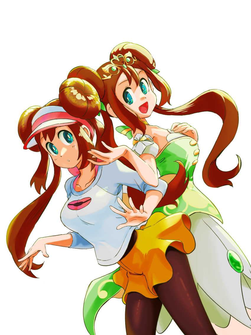 2girls absurdres black_pantyhose blue_eyes breasts brown_hair donut_hair_bun double_bun dual_persona hair_bun highres long_hair multiple_girls nintendo official_alternate_costume open_mouth pantyhose pantyhose_under_shorts poke_ball poke_ball_print pokemon pokemon_bw2 pokemon_masters_ex raglan_sleeves rosa_(champion)_(pokemon) rosa_(pokemon) shorts simple_background twintails u4_99384295 visor_cap yellow_shorts