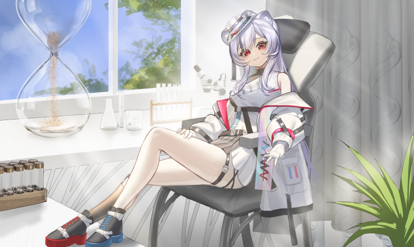 1girl absurdres animal_ears bare_shoulders chair closed_mouth hat highres hourglass jacket looking_at_viewer on_chair original red_eyes shale sitting smile solo test_tube thighs white_hat white_jacket