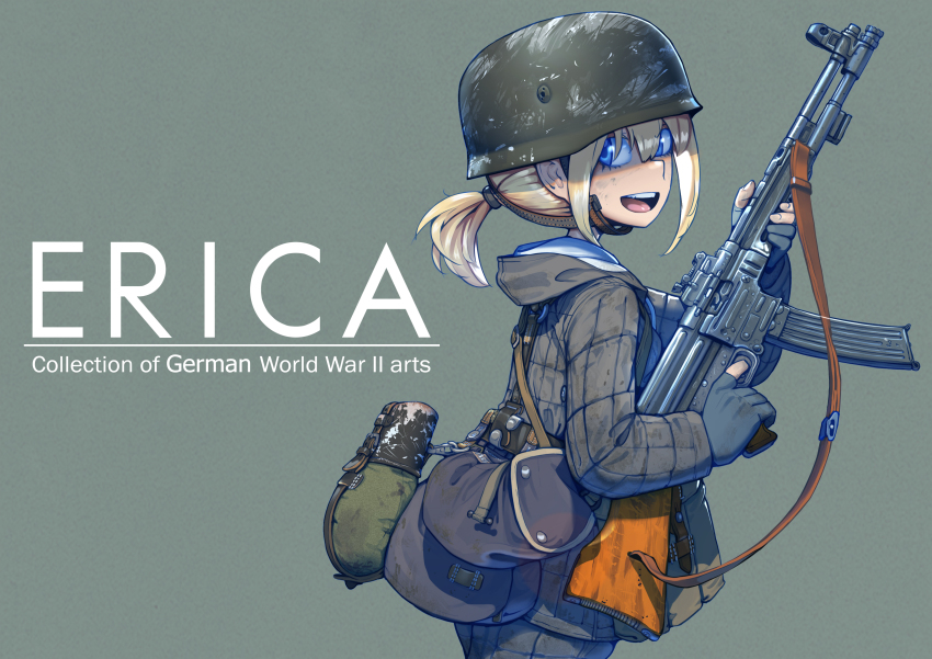 1girl absurdres artist_name assault_rifle belt blonde_hair bottle canteen combat_helmet comiket_102 commentary commentary_request cover dirty dirty_clothes english_commentary english_text erica_(naze1940) finger_on_trigger from_side gloves green_headwear green_helmet grey_background grey_gloves grey_jacket grey_pants grey_theme gun gun_sling hair_tie helmet highres holding holding_gun holding_weapon hood hood_down hooded_jacket jacket load_bearing_equipment long_sleeves looking_at_viewer looking_back medium_hair military military_jacket military_uniform mixed-language_commentary mkb42 open_mouth original padded_jacket padded_pants pants partially_fingerless_gloves ponytail pouch rifle scratched_paint scratches smile soldier solo stahlhelm teeth upper_body upper_teeth_only water_bottle weapon world_war_ii