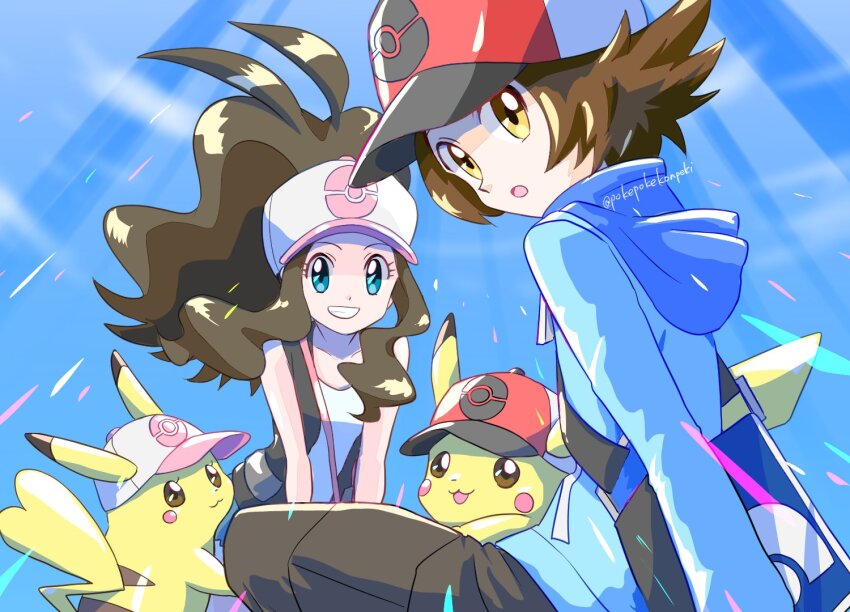 1boy 1girl :o artist_name bag baseball_cap black_bag blue_background blue_eyes blue_jacket brown_eyes brown_hair clothed_pokemon colored_skin commentary_request gen_1_pokemon hat high_ponytail hilbert_(pokemon) hilda_(pokemon) hood hooded_jacket jacket long_hair looking_at_viewer medium_hair nintendo open_mouth pikachu pink_bag poke_ball_print pokemon pokemon_(creature) pokemon_bw pokepokekonpeki ponytail print_bag print_headwear red_hat shirt shoulder_bag smile tail teeth twitter_username white_hat white_shirt yellow_skin