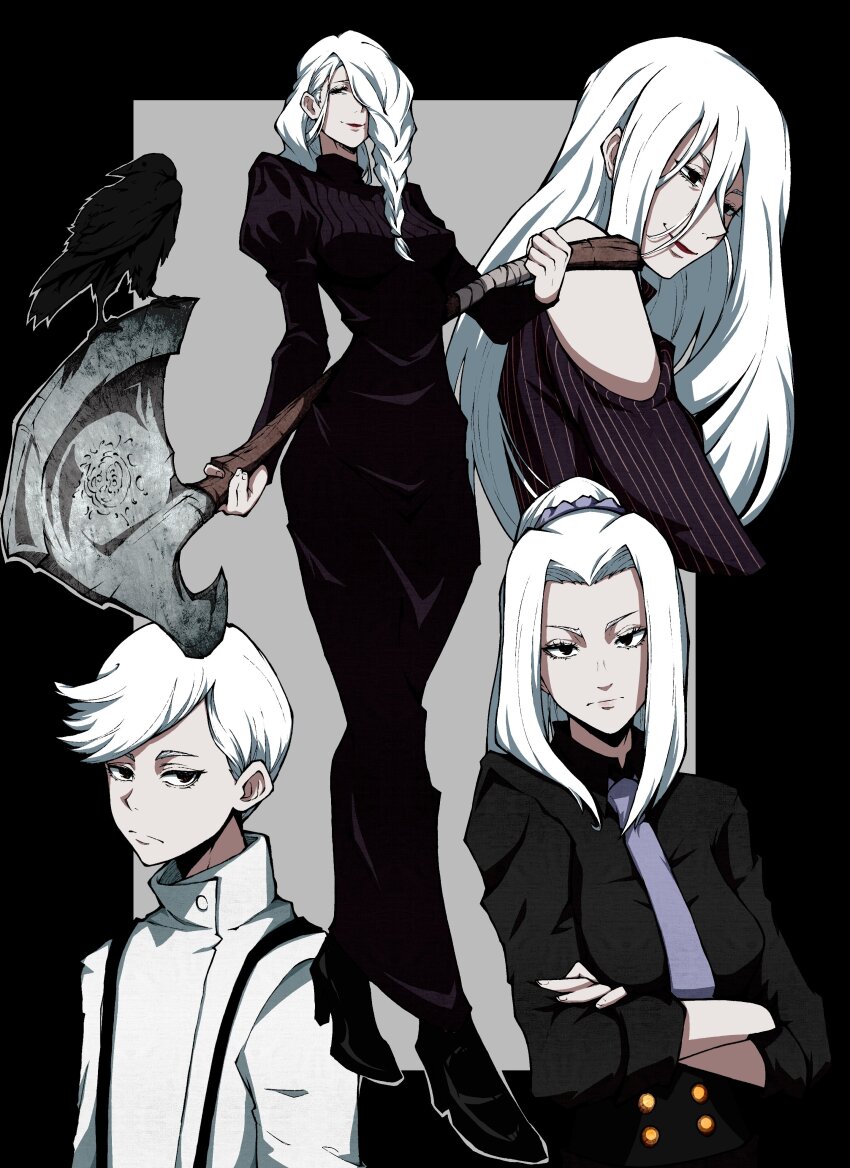 1boy 1girl absurdres axe bare_shoulders bird black_dress black_footwear black_shirt border braid breasts brother_and_sister collared_shirt commentary crossed_arms crow dress english_commentary full_body hair_bun hair_over_one_eye highres holding holding_axe holding_weapon jujutsu_kaisen kekel long_hair looking_at_viewer medium_breasts mei_mei_(jujutsu_kaisen) multiple_views necktie outside_border ponytail shirt short_hair siblings smile striped_clothes striped_shirt suspenders ui_ui_(jujutsu_kaisen) upper_body weapon white_hair white_shirt