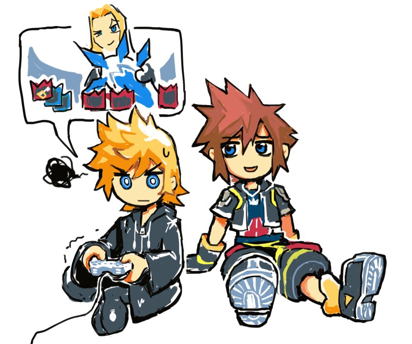 3boys absurdres arm_support black_coat black_coat_(kingdom_hearts) black_footwear black_gloves black_jacket black_pants black_shorts blonde_hair blue_eyes blue_shirt bright_pupils brown_hair chibi coat commentary controller english_commentary false_smile fingerless_gloves full_body game_controller gloves highres holding holding_controller holding_game_controller holding_shield jacket jewelry kingdom_hearts kingdom_hearts:_chain_of_memories kingdom_hearts_ii long_sleeves male_focus multiple_boys necklace no_gloves open_clothes open_jacket organization_xiii pants parted_bangs pendant playing_games puffy_pants roxas scribble serious shield shirt short_hair short_sleeves shorts sitting smile snoozaga sora_(kingdom_hearts) spiked_hair sweatdrop vexen white_background